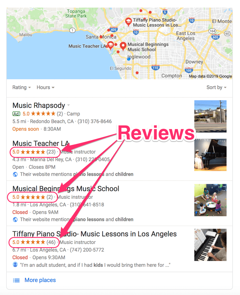 Reviews for local search for a music studio