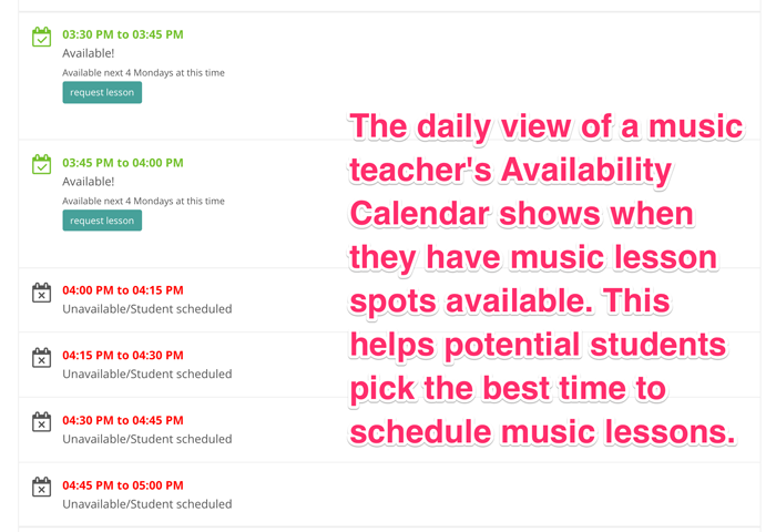 Daily view of music teacher Availability Calendar