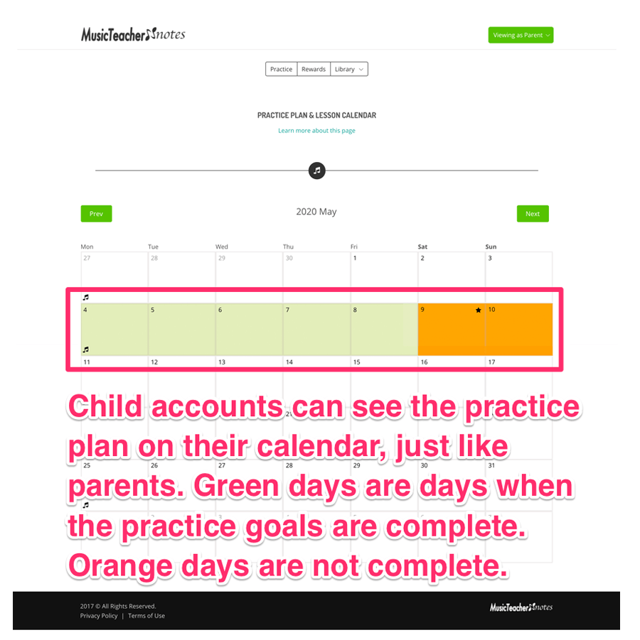 Child monthly music practice calendar