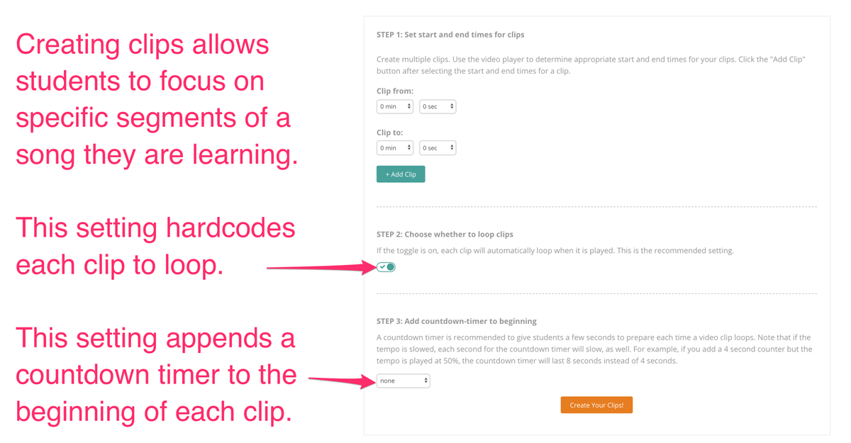 Making a video loop within the clip creator for music lessons
