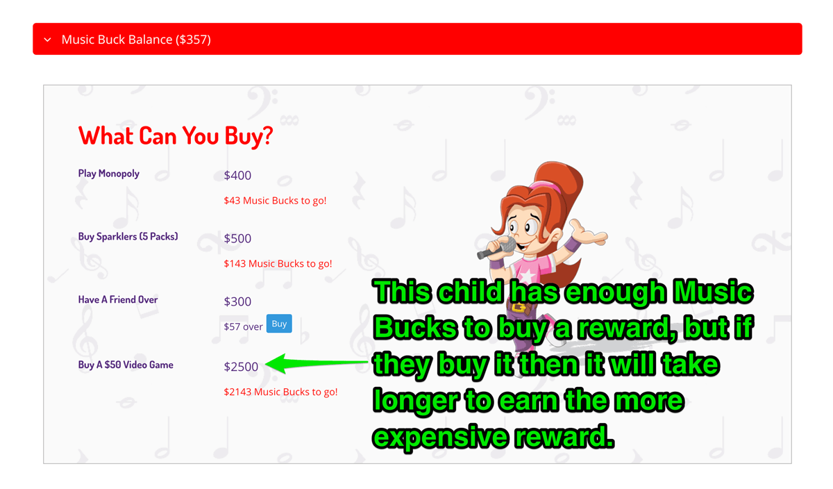 Using Music Bucks to buy a practice reward