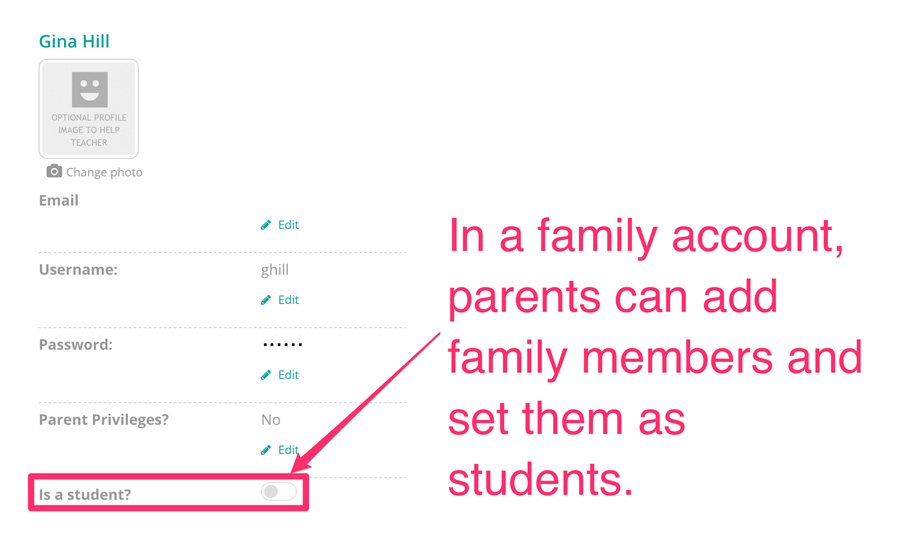 Family can set member as a music student