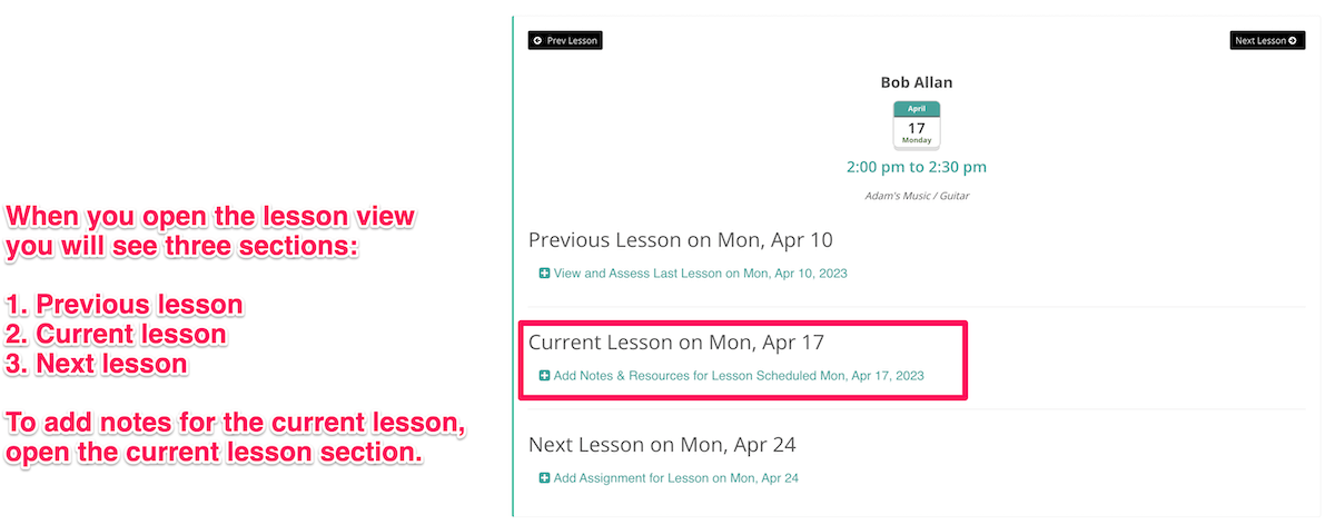 How to add a note to a music lesson on MusicTeacherNotes