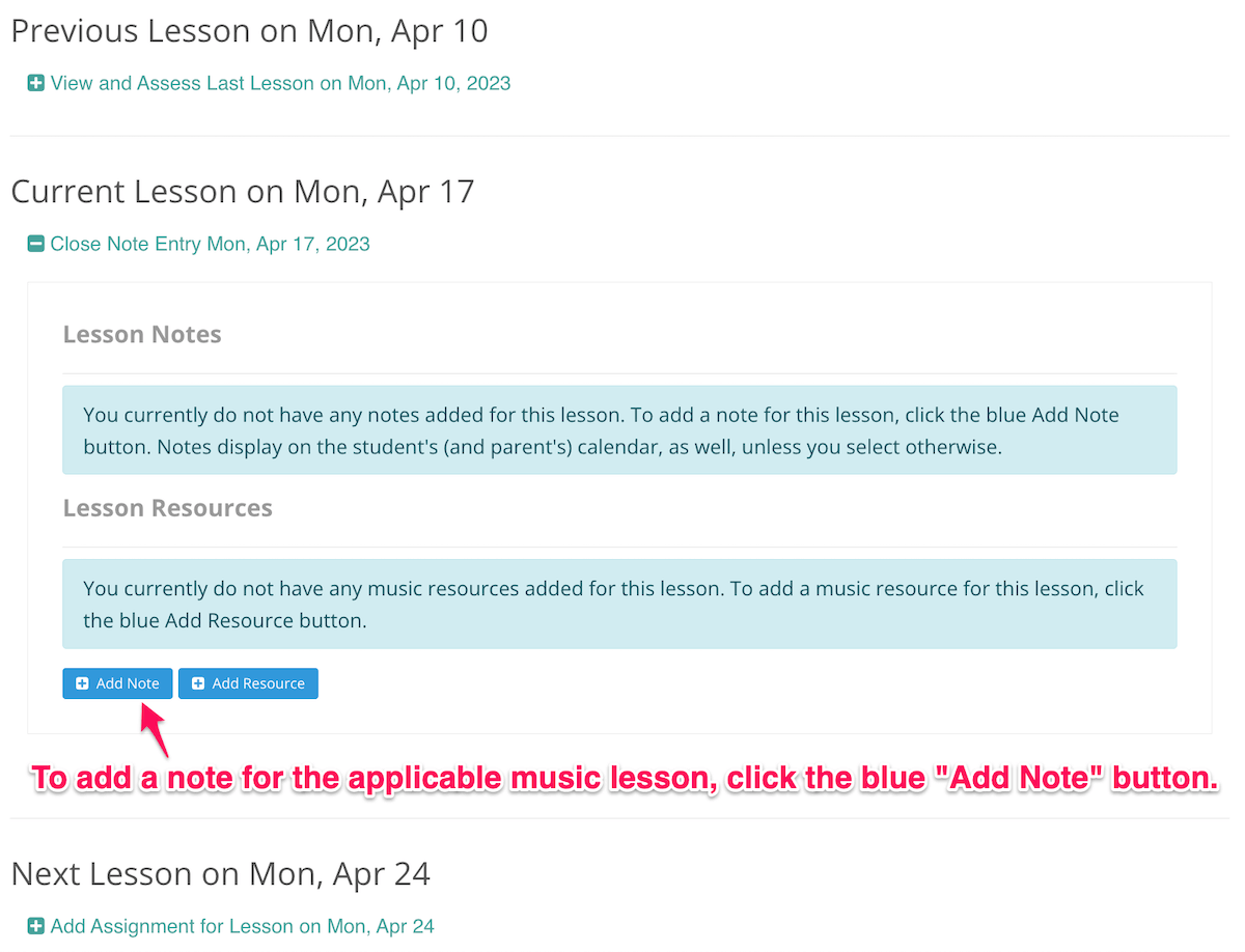 How to add a note to a music lesson on MusicTeacherNotes