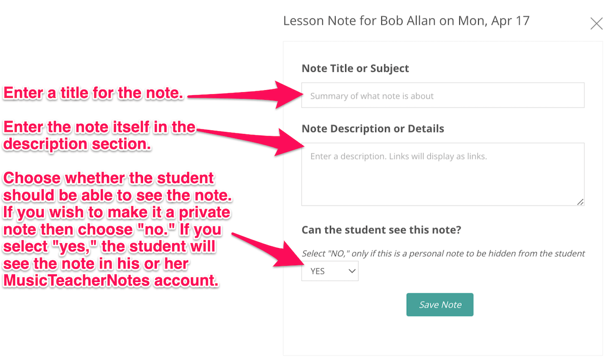 How to add a note to a music lesson on MusicTeacherNotes