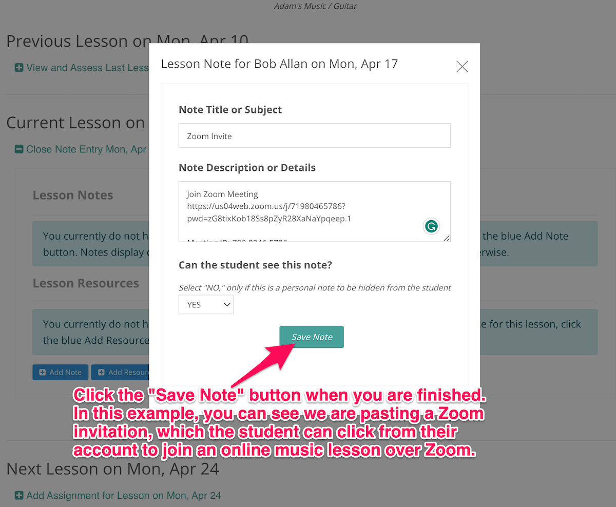 How to add a note to a music lesson on MusicTeacherNotes