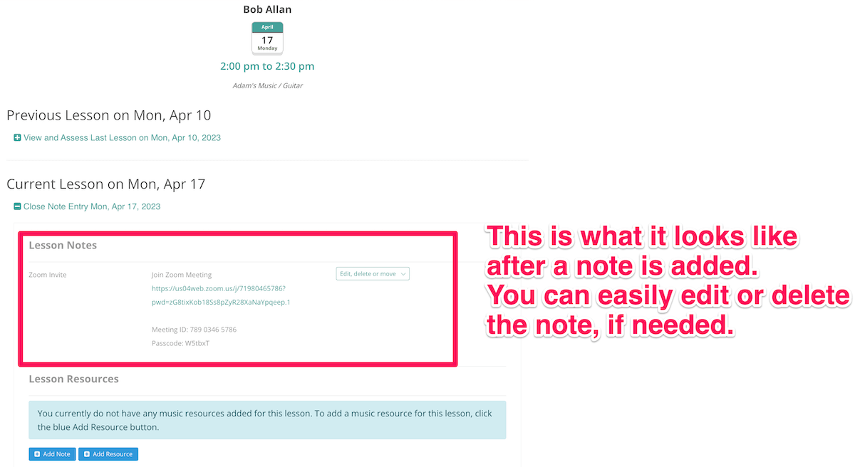 How to add a note to a music lesson on MusicTeacherNotes