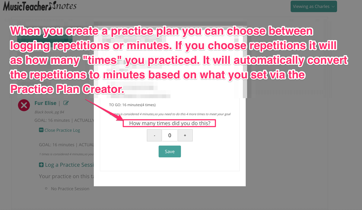 Logging minutes or repetitions for music practice