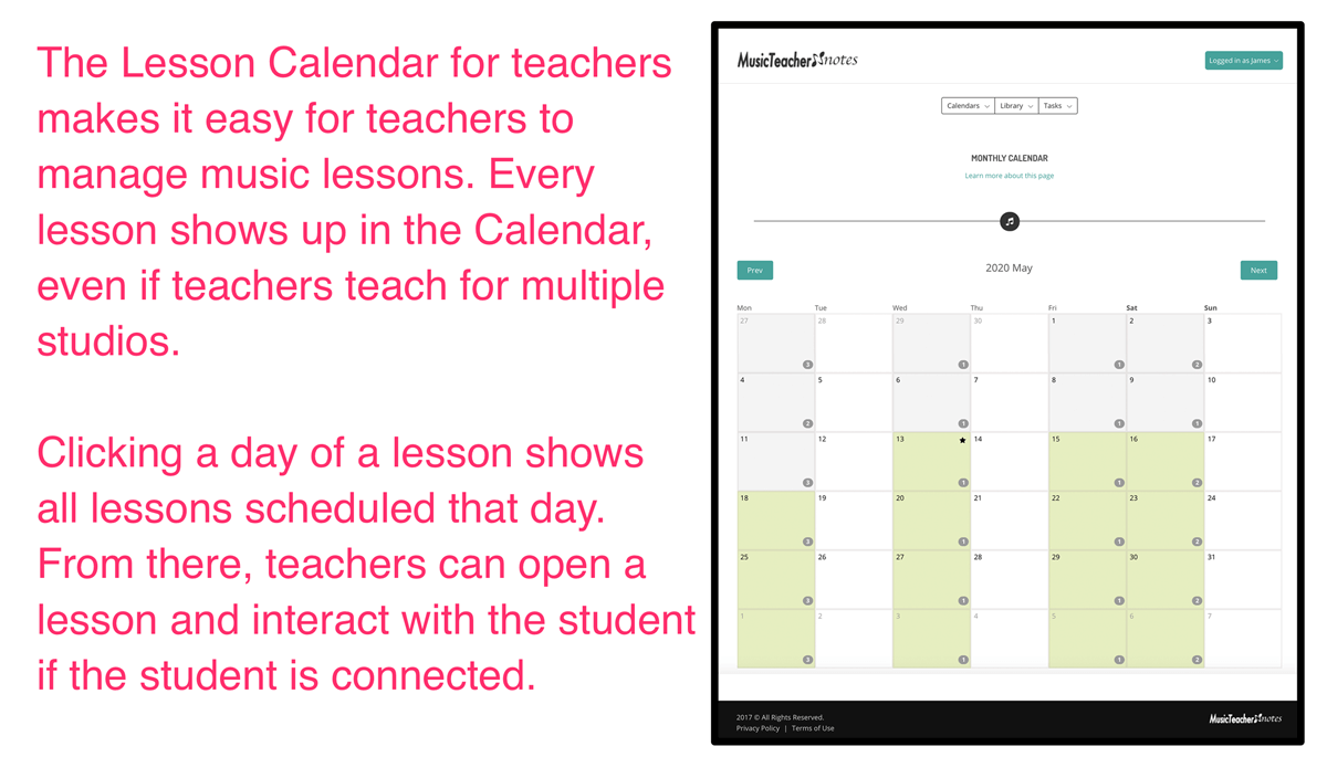 The music teacher monthly calendar view