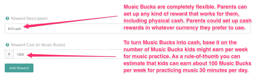 Music Bucks to motivate kids to practice