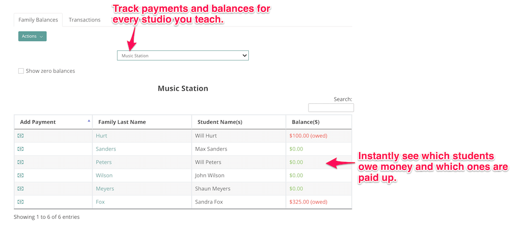 Music lesson payment tracking system