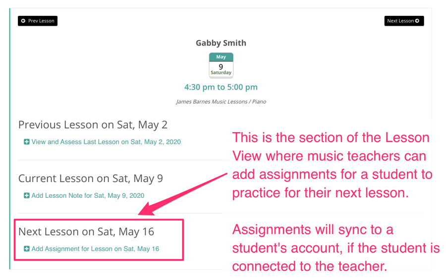 Click the Add Assignments to next music lesson option