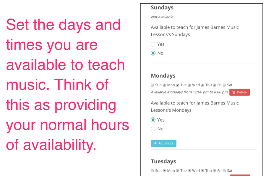 Setting hours teacher is available for music lessons