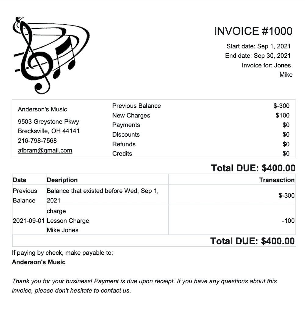 Music Studio Invoices