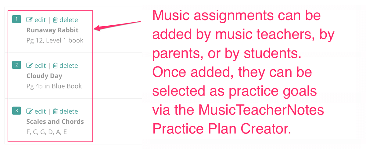 Practice assignments in the electronic journal after music lessons.