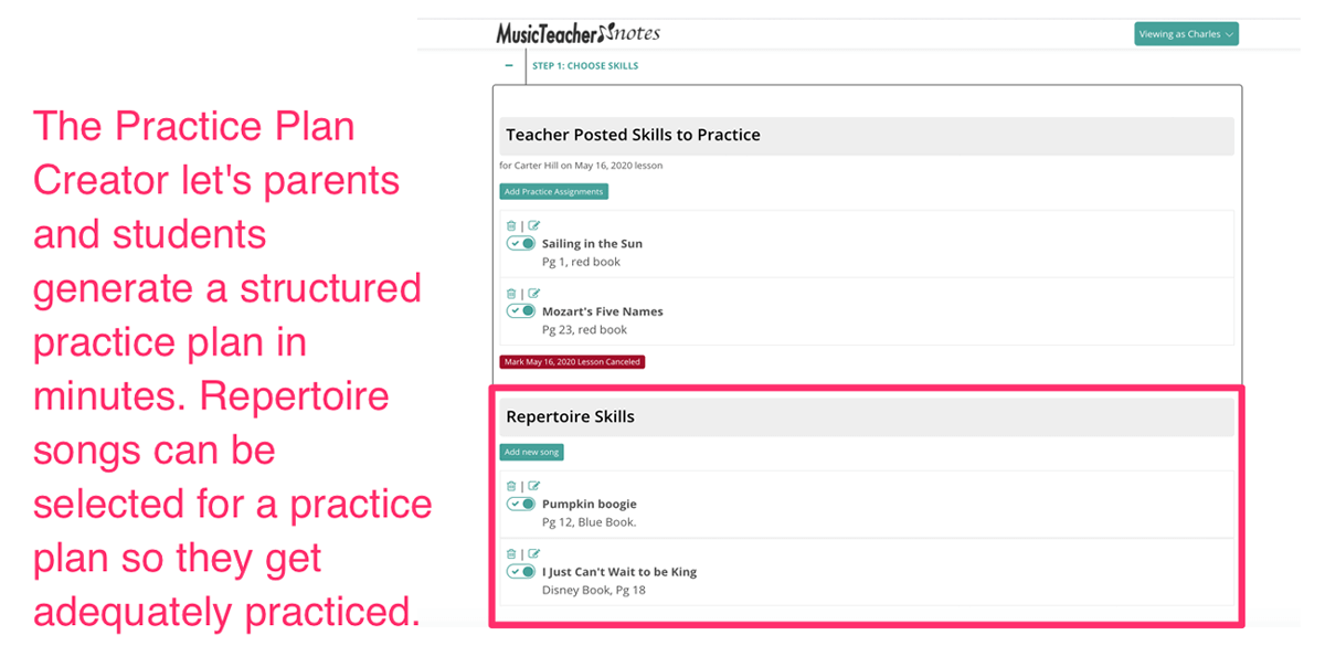 Repertoire songs show in the Practice Plan Creator