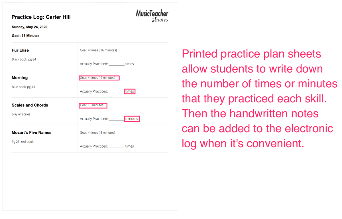 Printed practice plan sheets