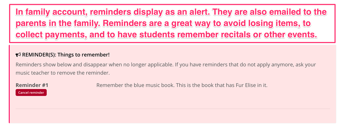 Reminders in family accounts for music students