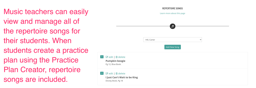 Manage music student repertoire songs so the get practiced