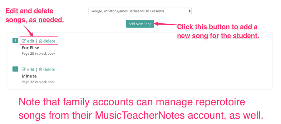 Manage repertoire songs for students