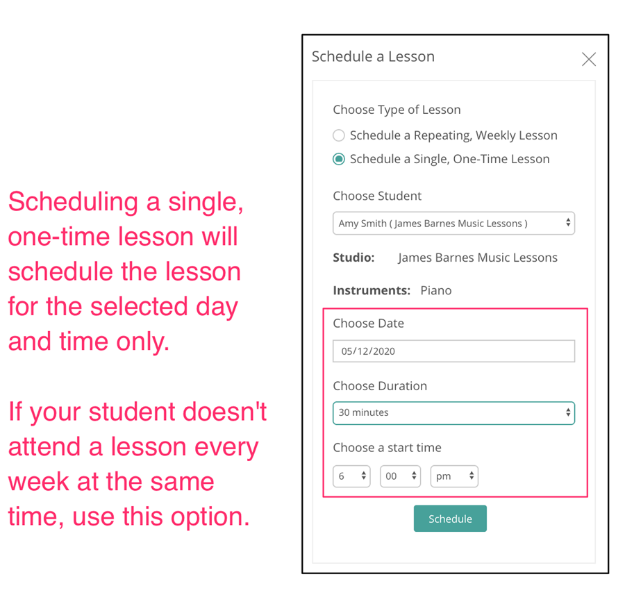 Scheduling weekly one-time music lessons on MusicTeacherNotes