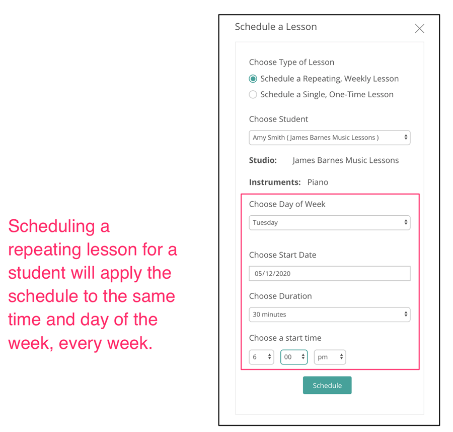 Scheduling weekly repeating music lessons on MusicTeacherNotes