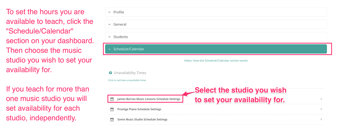 Setting music lesson schedule for availability calendar