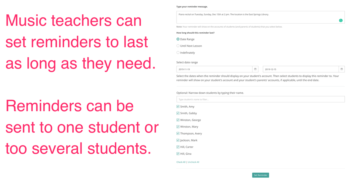 Set reminders for music students