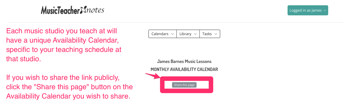 Share music lesson calendar on website