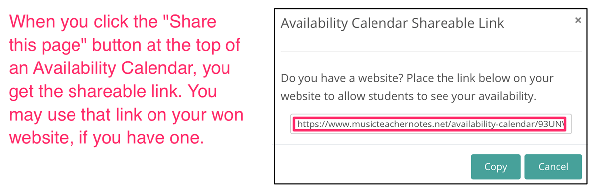 Share music teacher availability calendar on website