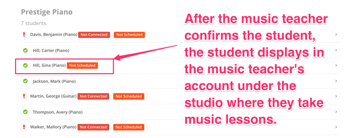 List of students taking music lessons from teacher at studio