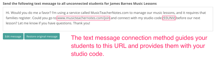 texting students to connect to a music teacher account